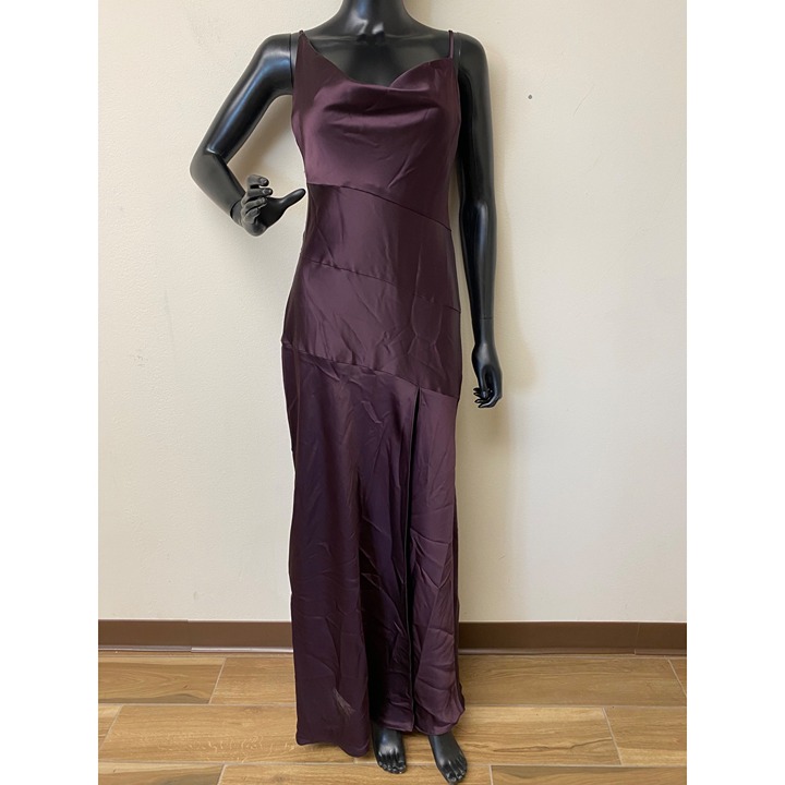 Aqua Women's Black Belted Cowl Neck Silky Satin Maxi Dress Gown Size 0 NWT