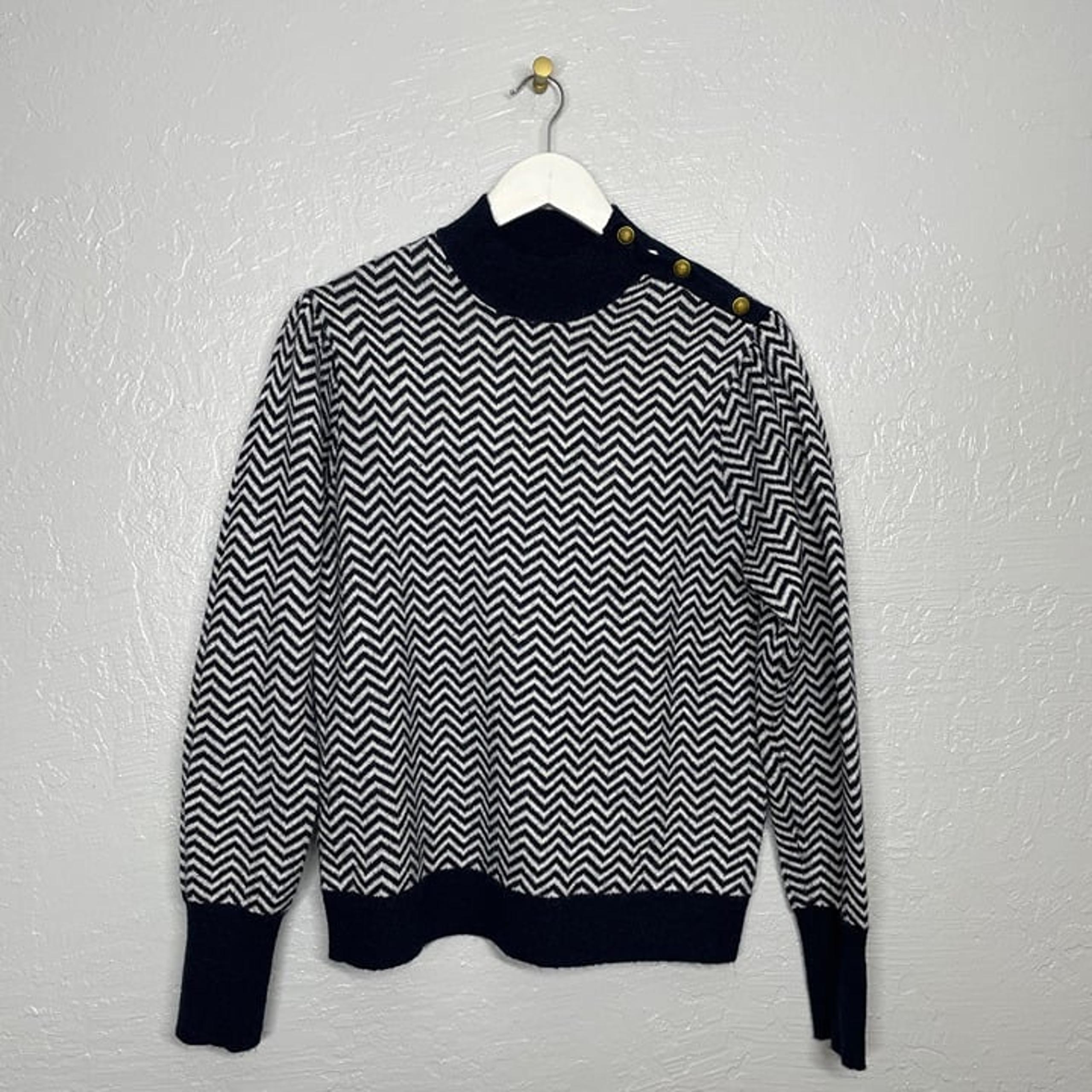 J Crew Women L Navy Blue White Herringbone Button Mock Neck Sweater Alpaca