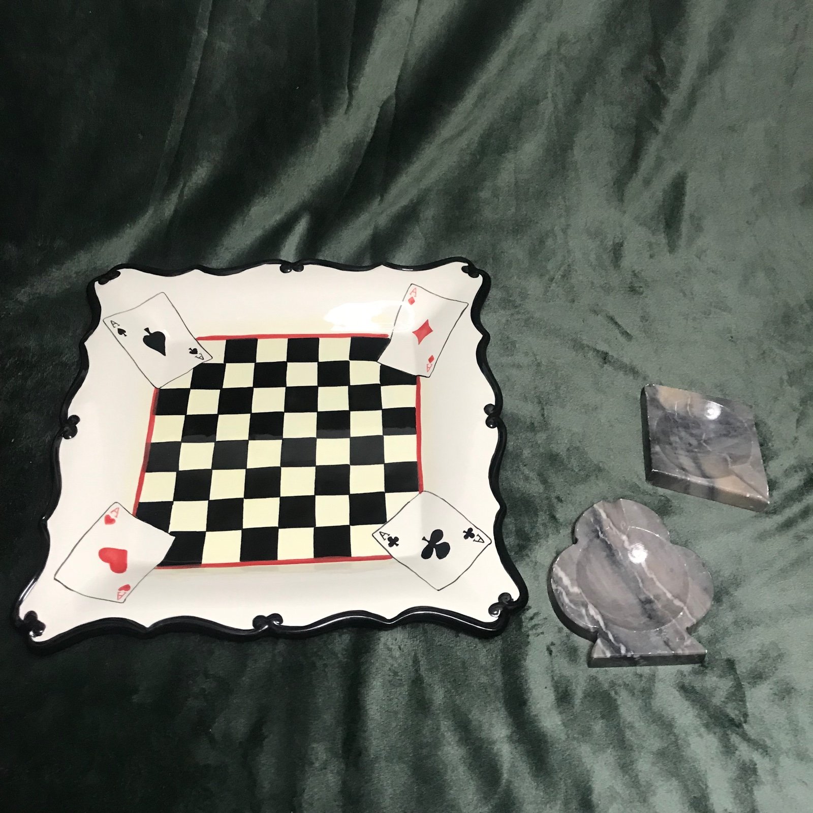 Poker Room Decor 2 Ashtrays Playing Card Cubs Diamond & Tray checkerboard