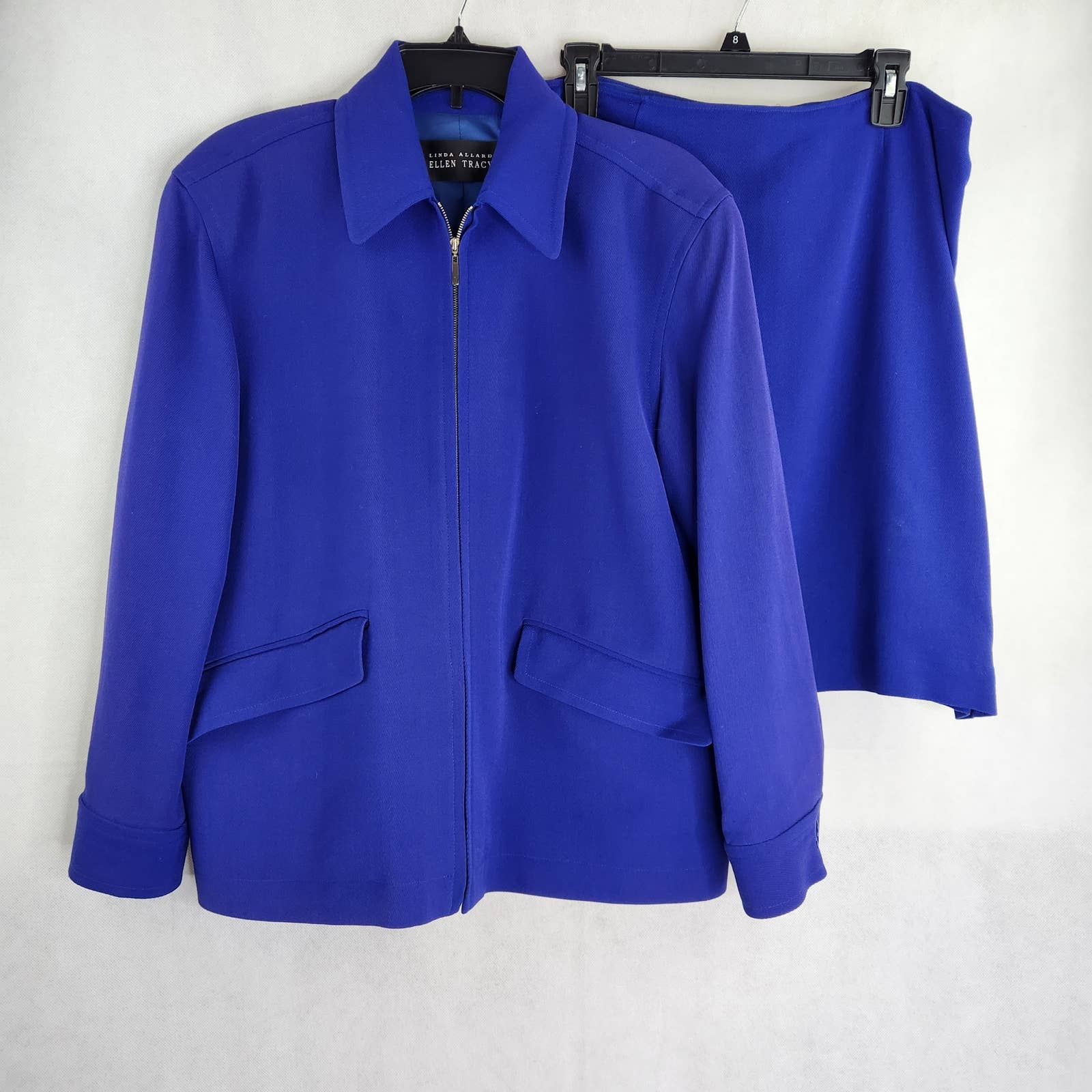 Linda Allard Ellen Tracy Skirt Suit Zip Front Blazer Jacket Blue Size 8