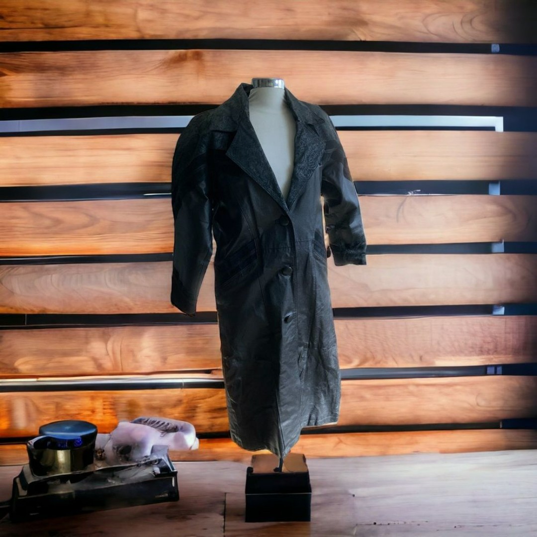 Black Leather Vintage Authentic International Outwear Trench Long Coat Small