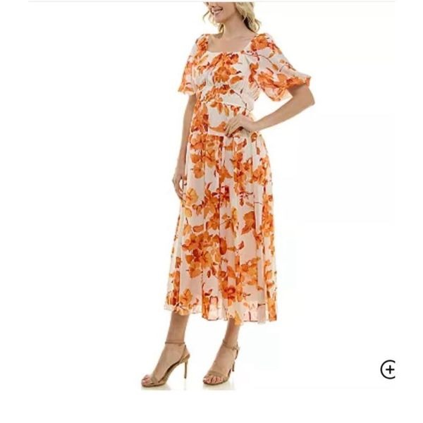 Taylor Womens Cream Orange Square Neck Ruffled Peasant Floral Maxi Dress Size 14