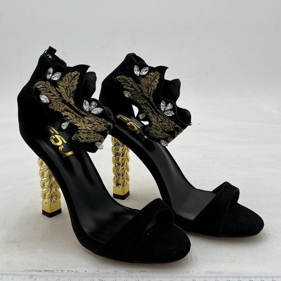 FSJ Women Flower Gold Metal Chain Chunky High Heels Ankle Strap Sandals Open Toe