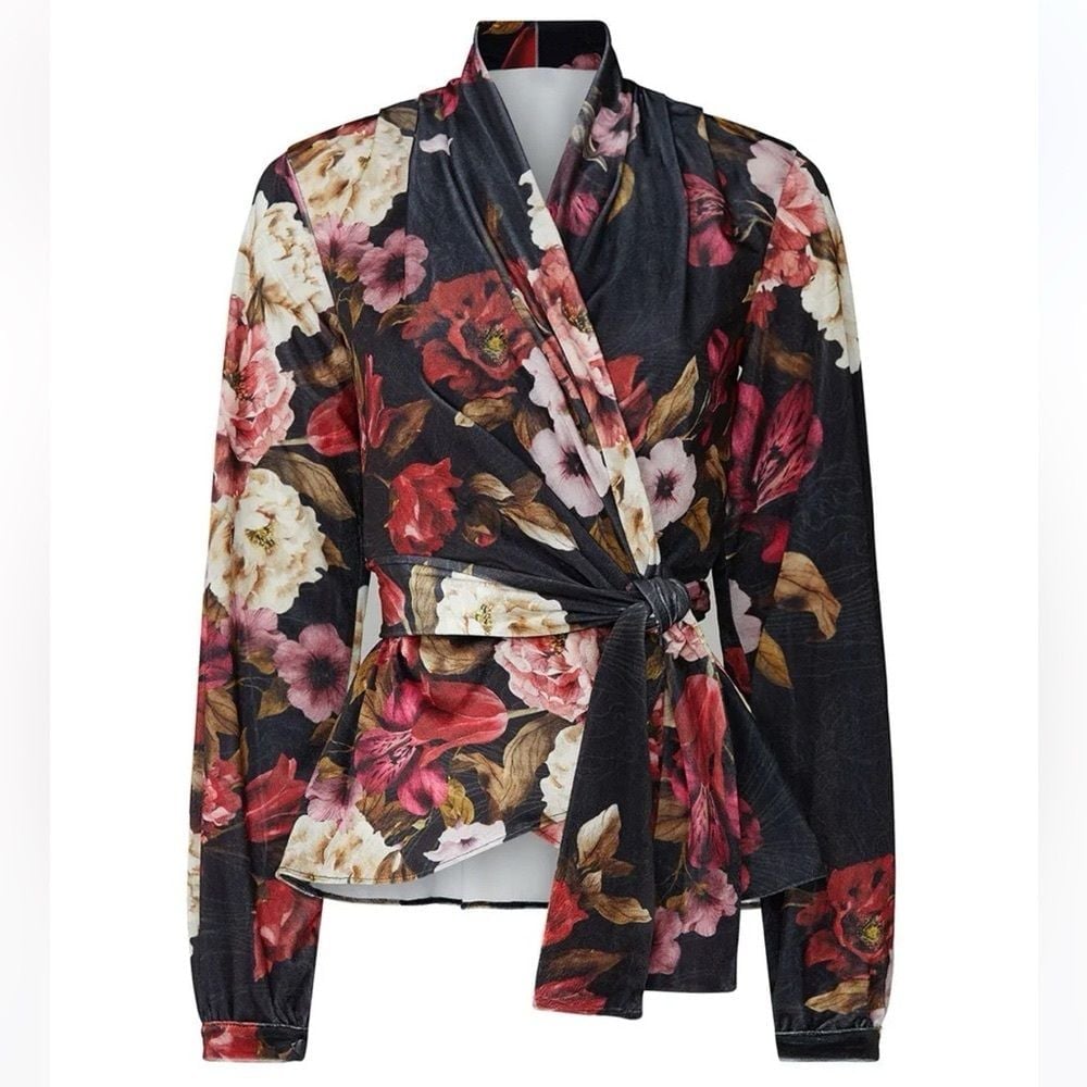 395 PatBO Intermix Black Velvet Floral Wrap Top bow roses pink red blouse red