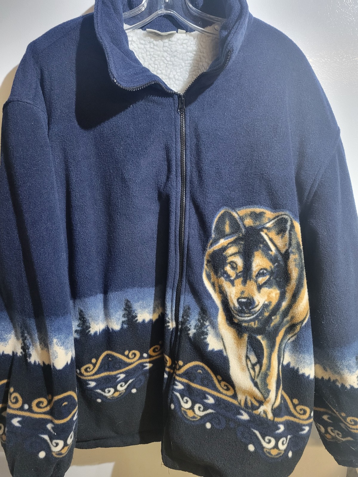 Sherpa Lined Blue Fleece Jacket Wolves By C W. Classics Size XL Unisex 48 X 30 