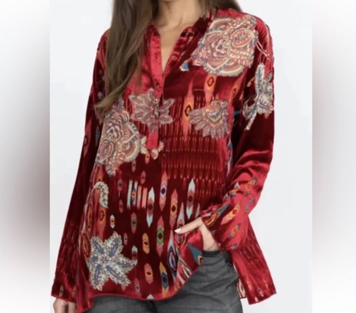 Johnny Was Silk Velvet Feather Burnout Mara Blouse Top Shirt XXL MSRP 275 New