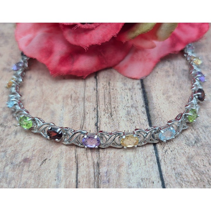 925 Sterling Silver Gemstone Tennis Bracelet Garnet, Amethyst, Citrine, Peridot