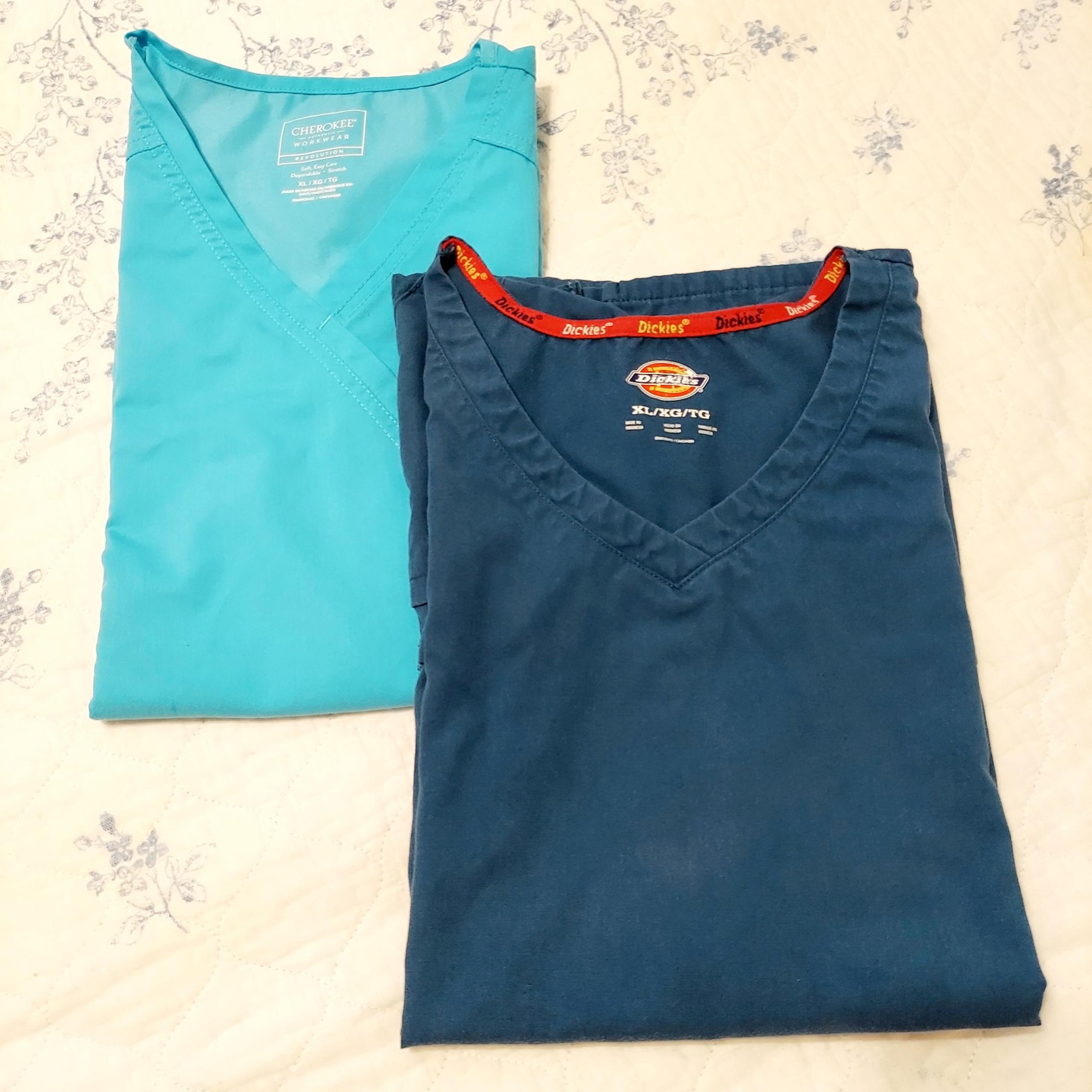 2 XL Blue Hue Scrub Tops By Cherokee and Dickies