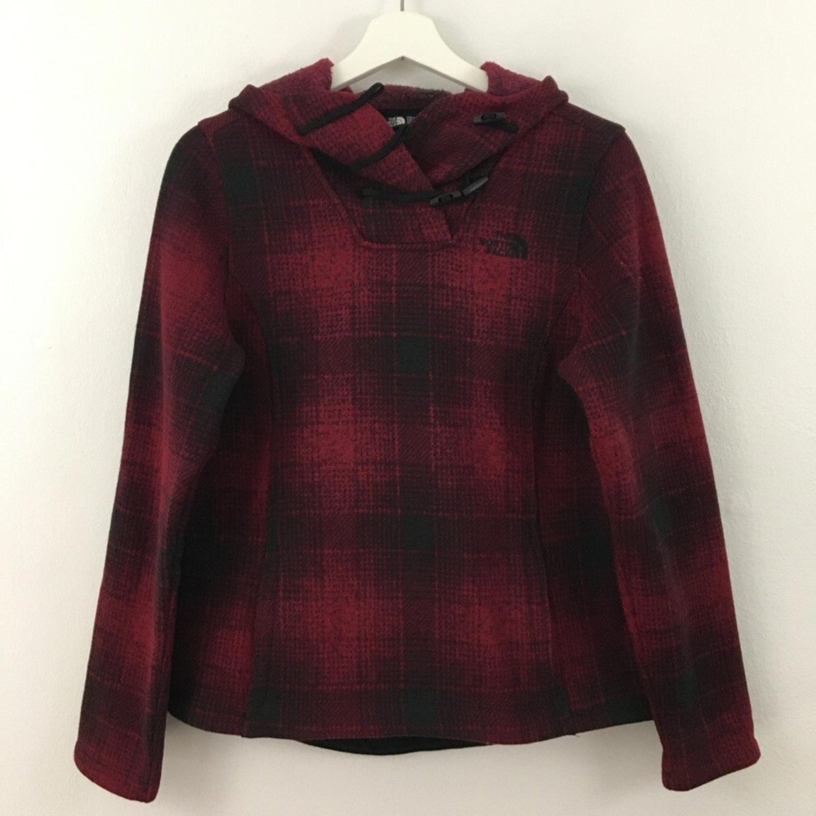 The North Face Womens Crescent Hooded Fleece Pullover Rumba Red Plaid Size S...