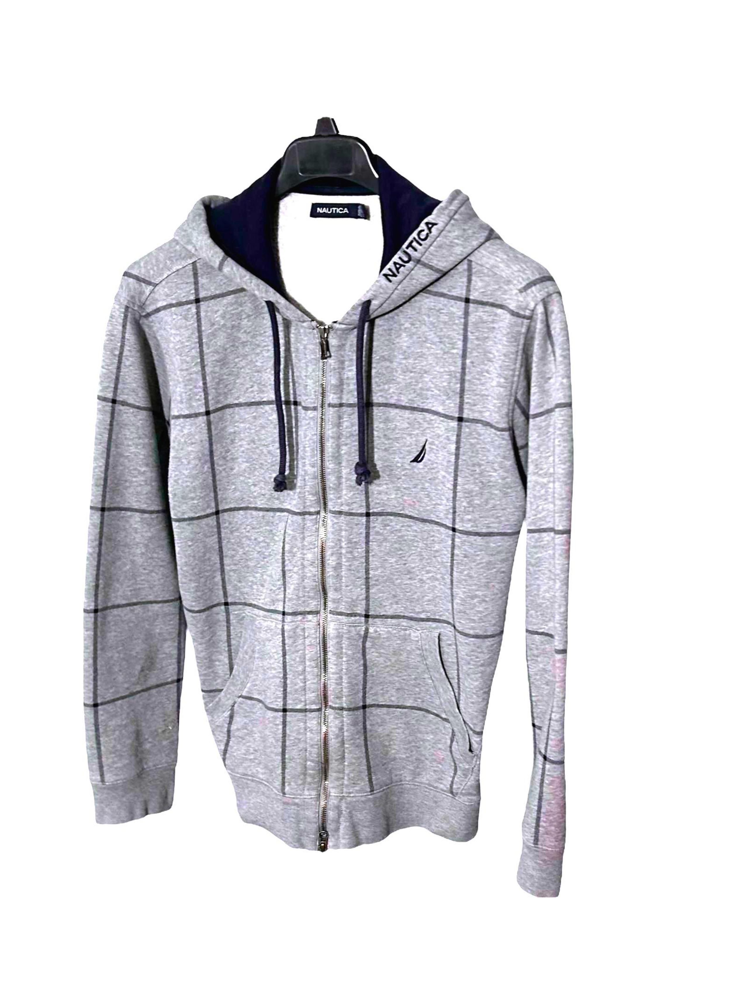 NAUTICA Mens (L) Gray/Navy Plaid Full-Zip Cotton Blend Fleece Hoodie Jacket