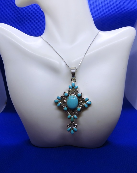 Amazing Ornate Sterling Silver Cross W/ Turquoise Necklace & Pendant NWT