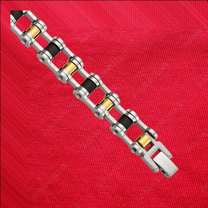 Stainless Steel Polished Yellow IP-plated with Black Rubber 8.75 inch Bracelet