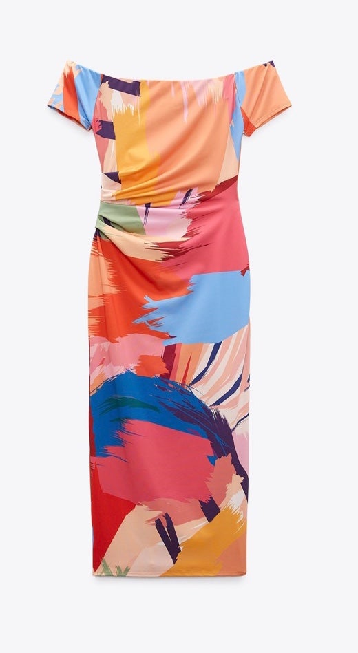 New Zara PRINTED MIDI DRESS,Size L,Color Orange