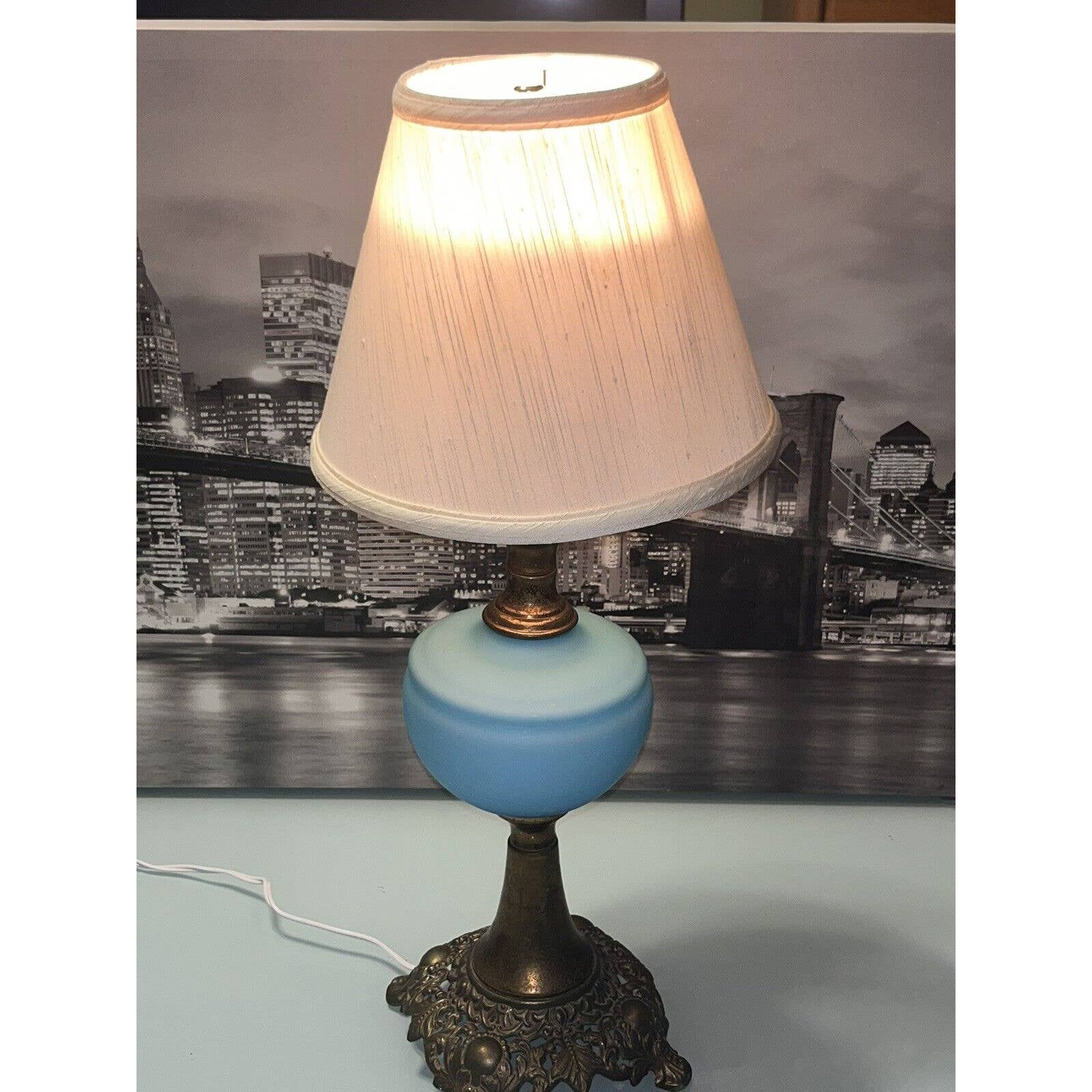 Vintage Milk Glass Hurricane Table Lamp large 3-Way Brass Tone Floral Base Works
