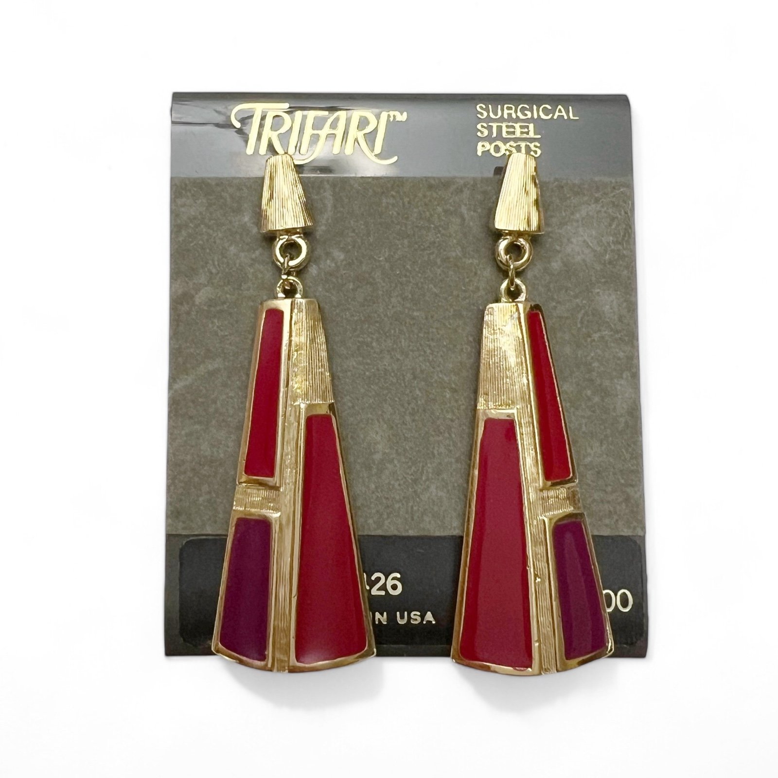 Vintage Trifari Red Pink Purple Enamel Geometric Brushed Goldtone Drop Earrings