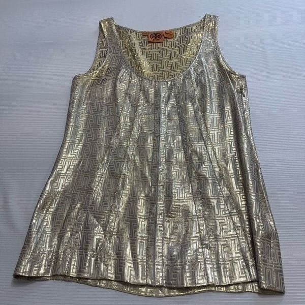 Tory Burch Silk Gold Tone Metallic Womens Shirt Top Size 4 Sleeveless Relaxed