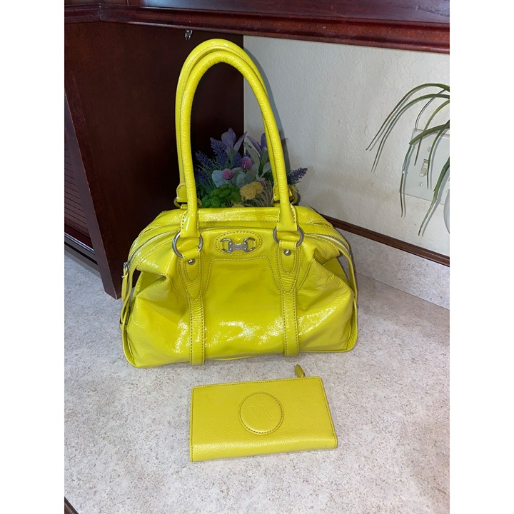 Michael Kors Yellow Patent Leather Satchel Bag With Silver Hardware & Matching W