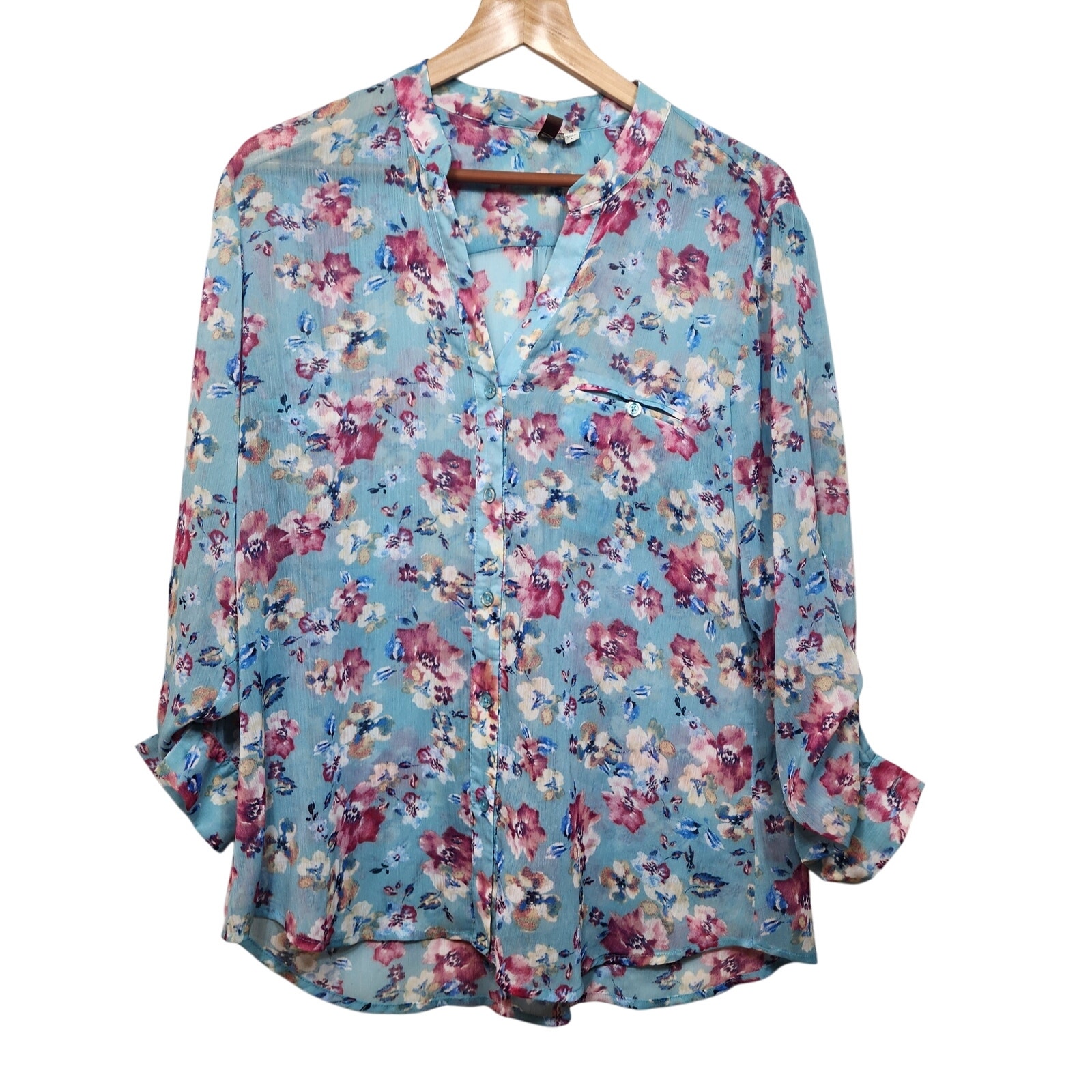 Kut From the Kloth Blue Floral Chiffon Button Up Blouse Size Large