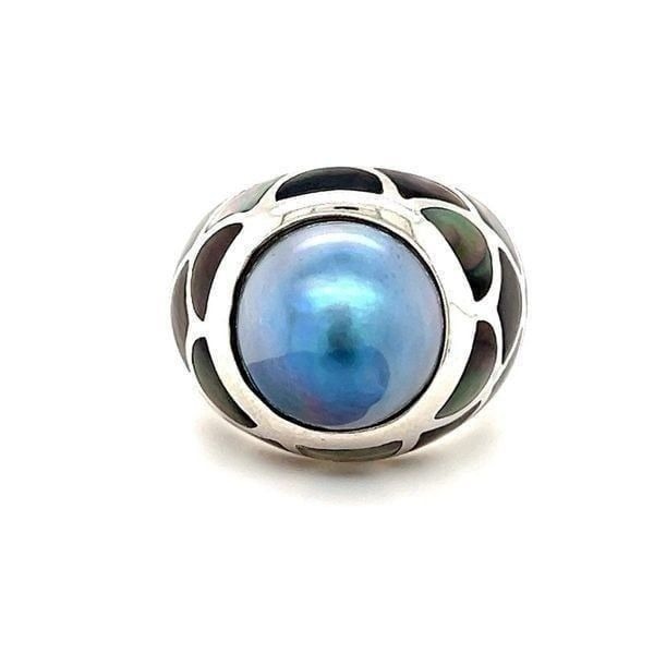 Large Blue Pearl Black Enamel Sterling Silver 925 Ring
