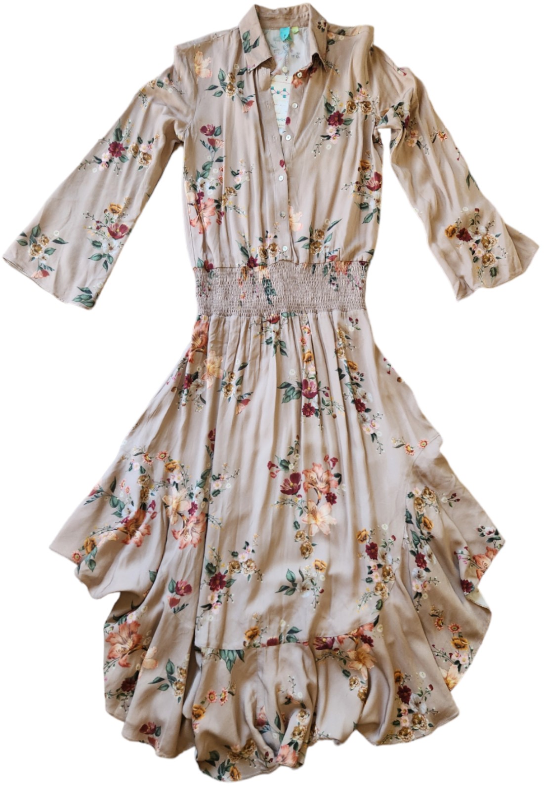 Farm Rio Dress Anthropologie Floral Bell Sleeve Smock Button Assymetrical Small