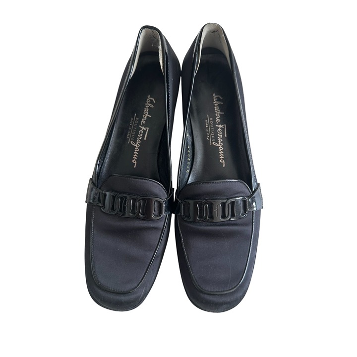 SALVATORE FERRAGAMO Black Fabric Logo Loafers Size 7