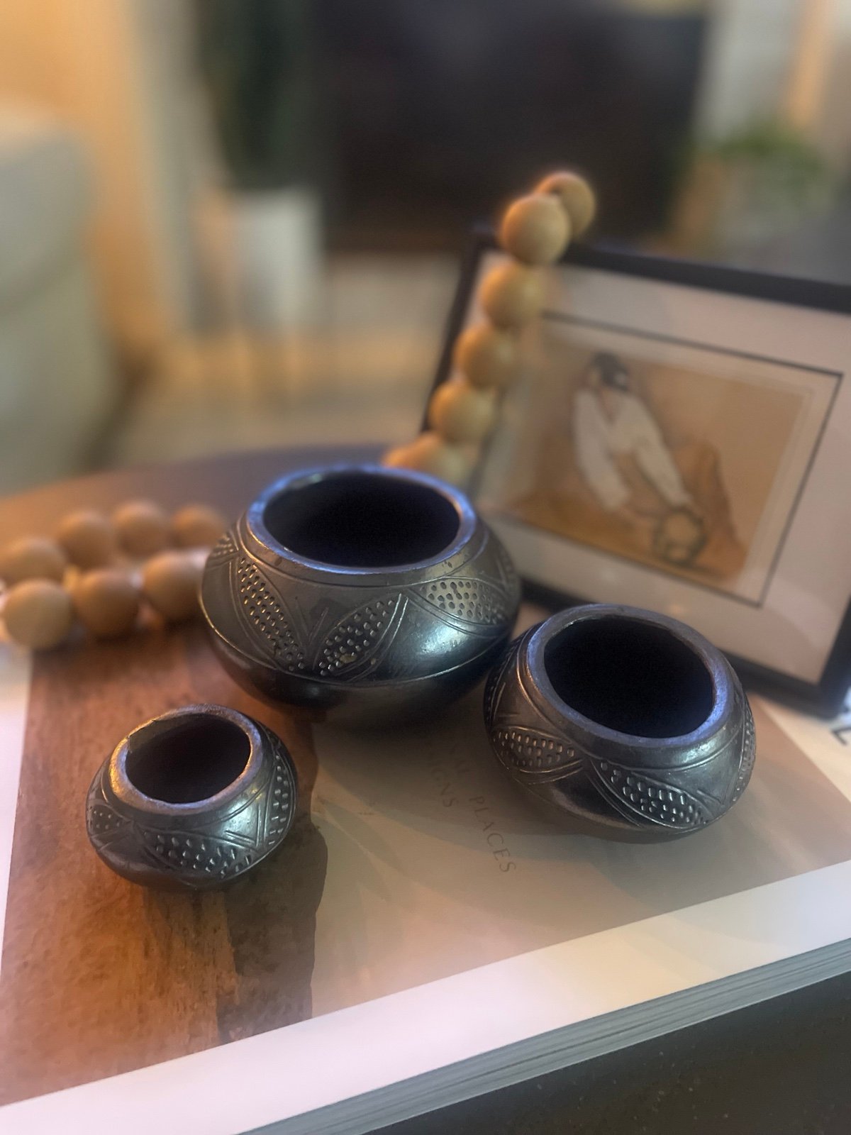 Beautiful 3 Pc Black OAXACA Mexican Pottery Hand Made w/ Hand Incised Design