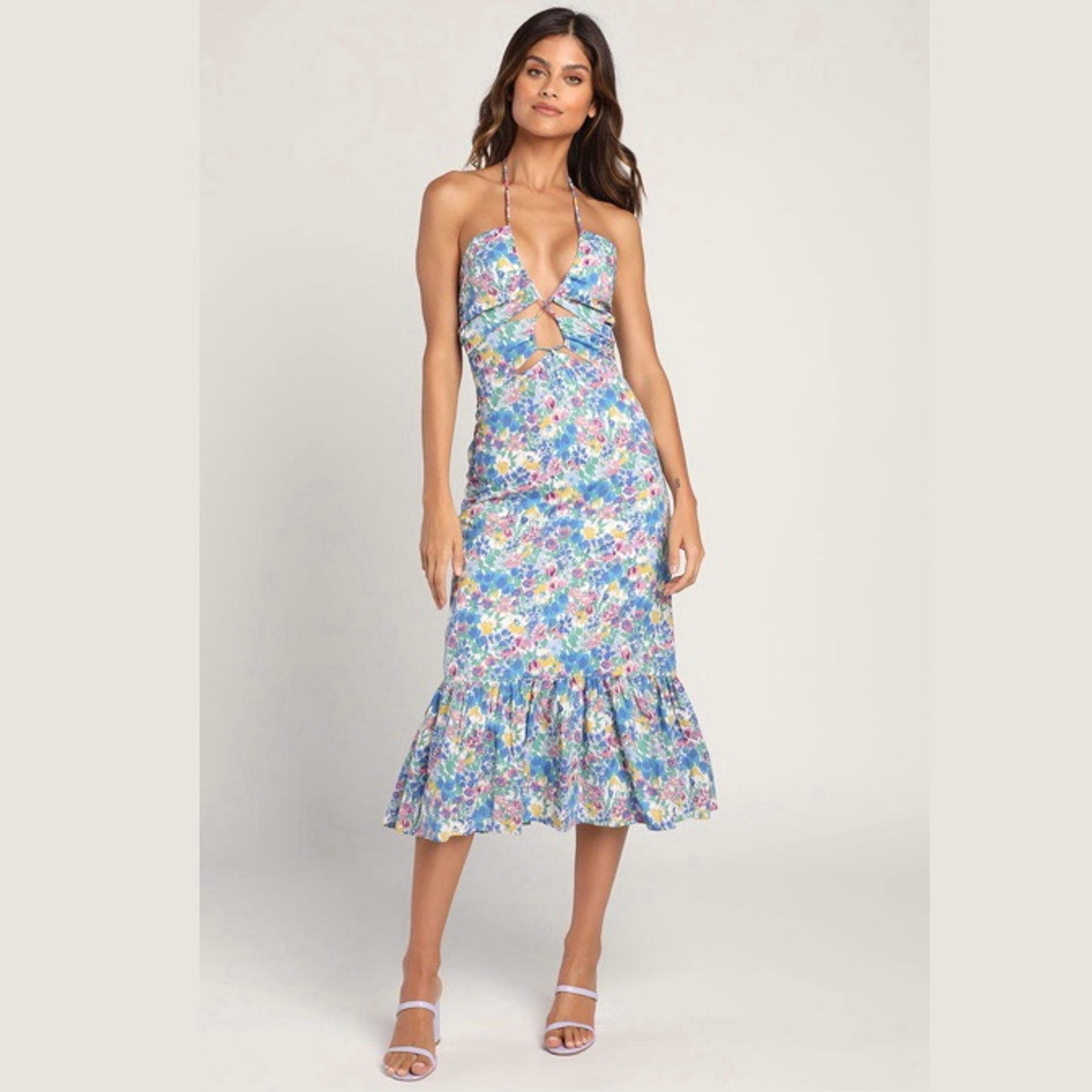 NWT Lulus Stun the Sun Blue Multi-Floral Drawstring Halter Midi Dress MSRP$88