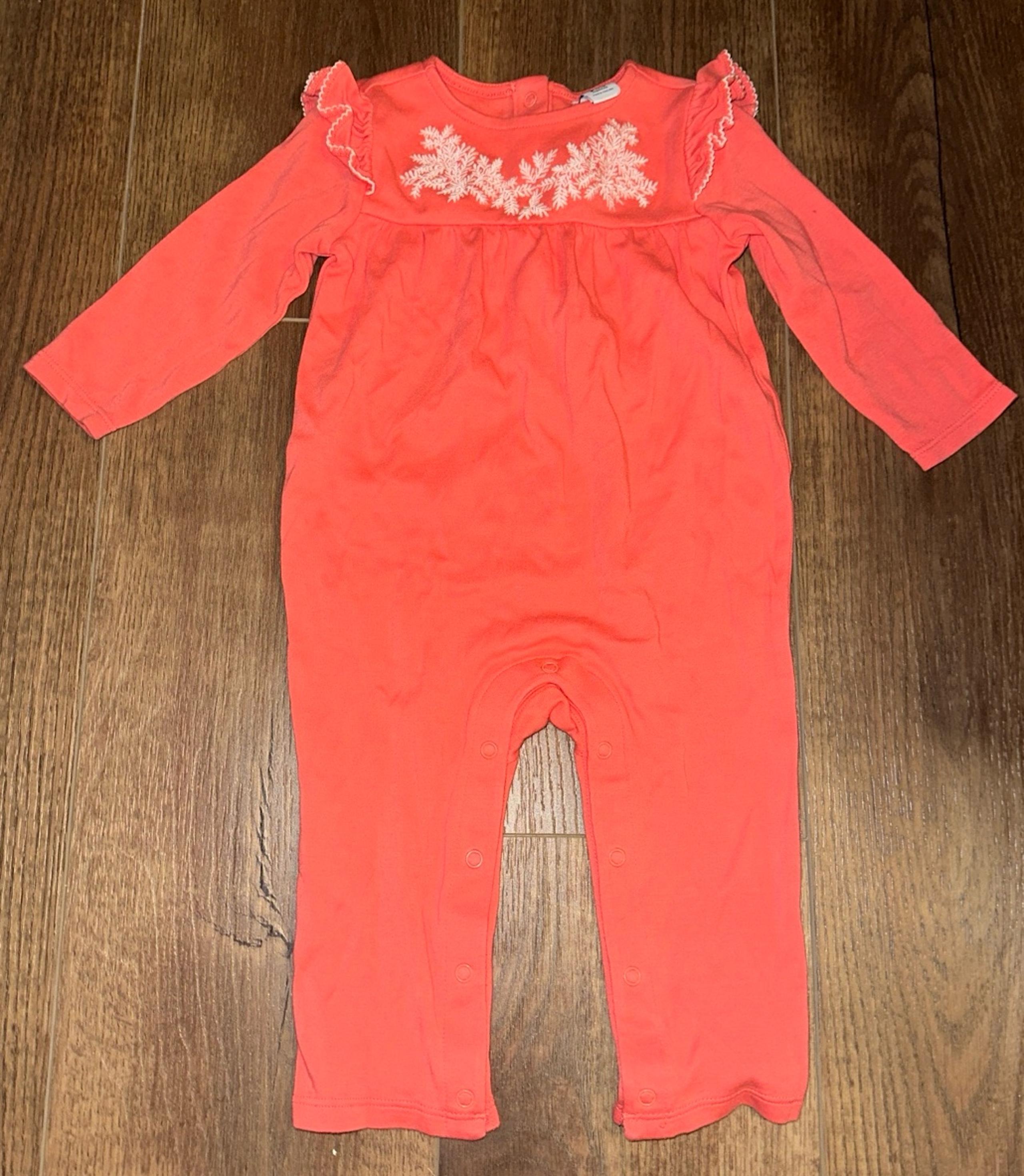 Janie and Jack Peachy Orange Embroidered White Flower Romper - Size 6-12 Months