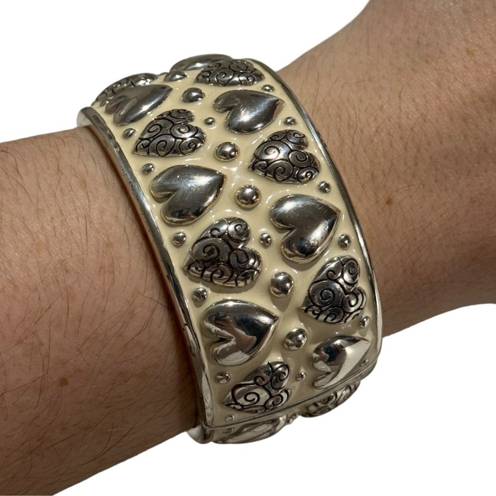 Brighton Rocking Hearts Silver & Creamy White Enamel Cuff Bracelet
