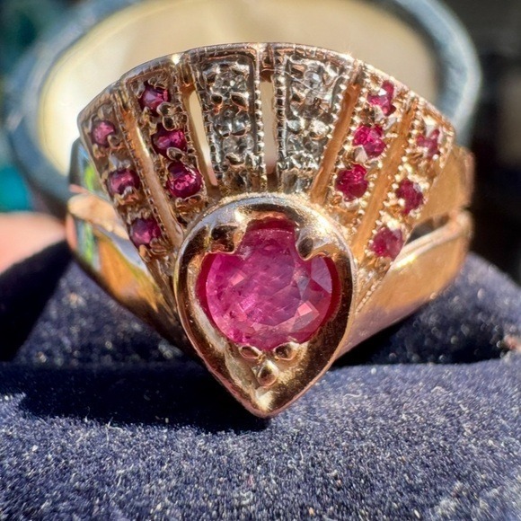 Antique solid 10k rose gold genuine ruby/diamond art deco ring