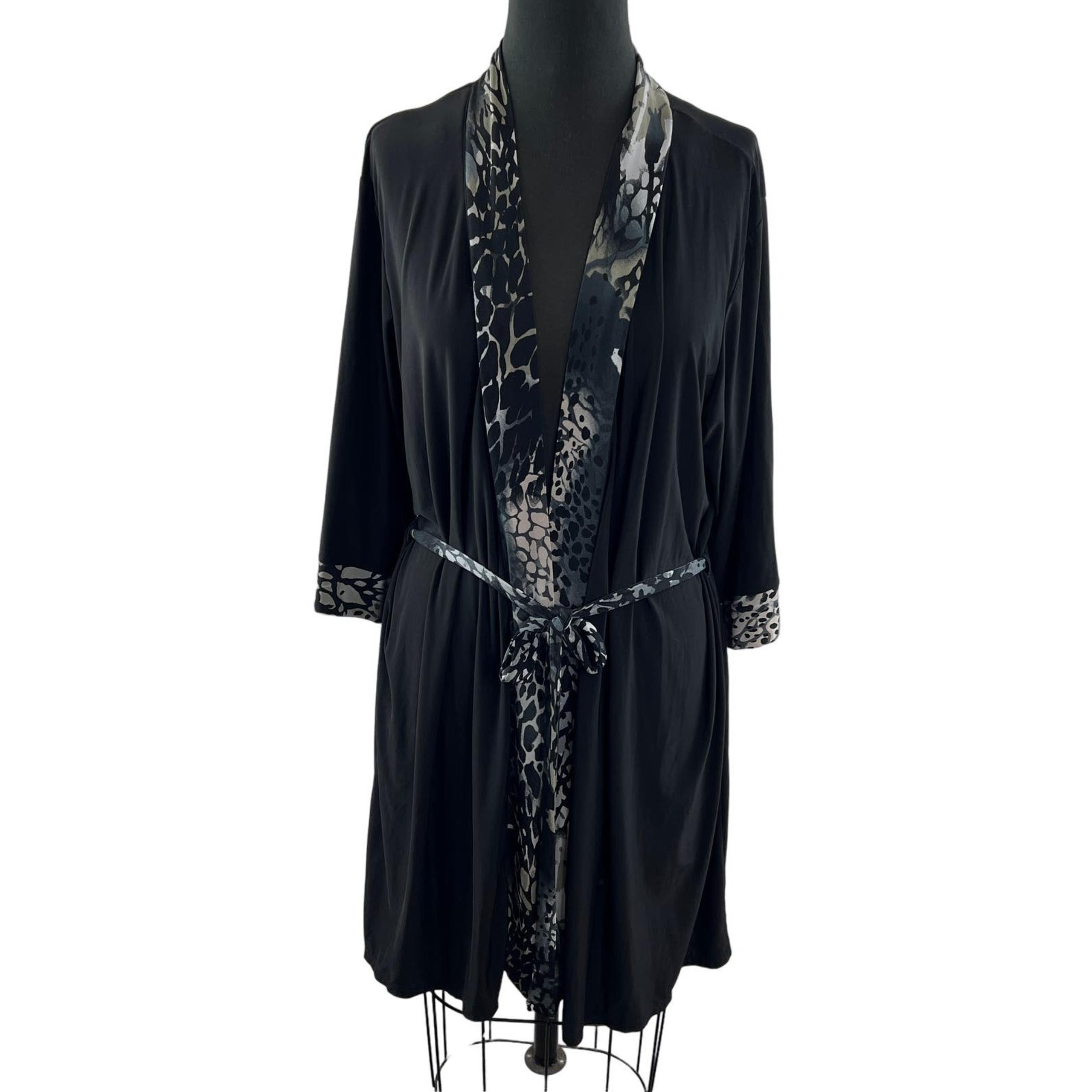 JOSIE Natori Black Robe Leopard Print Open Front Tie Waist Long Sleeve Size L