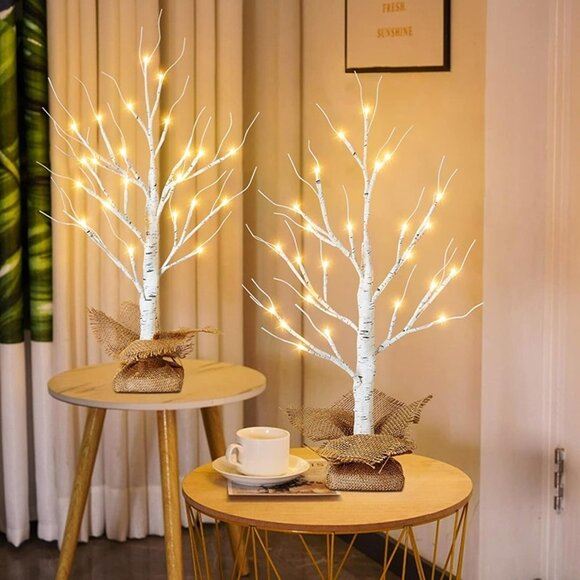 NEW 2pcs Lighted Birch Tree, 24”H Tabletop Tree Light with Burlap Decor,