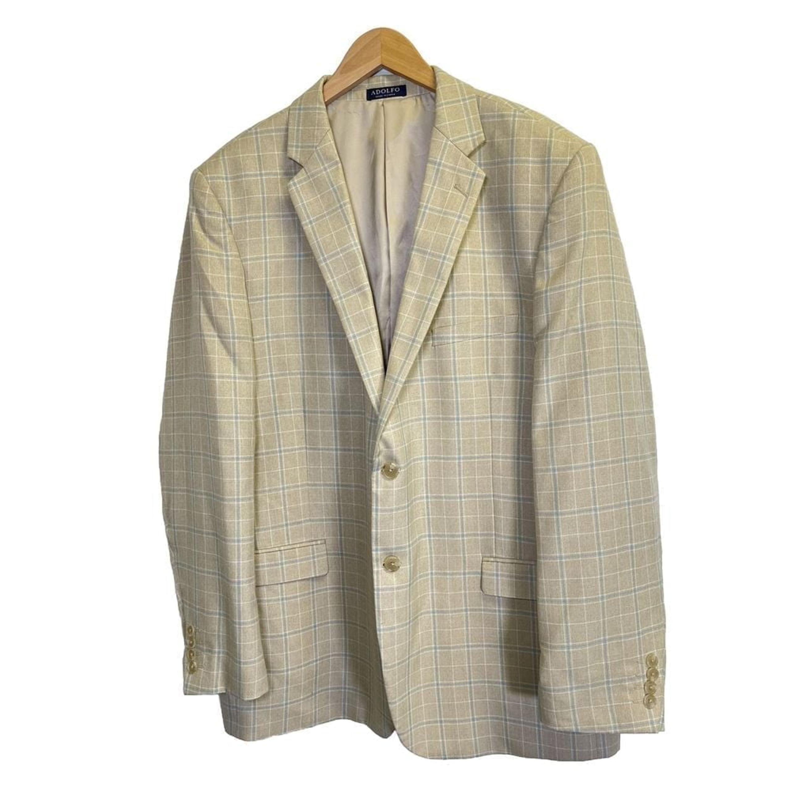 Adolfo Men's Size 46L Beige, Blue Plaid Deluxe Blazer Lined Sports Coat Jacket
