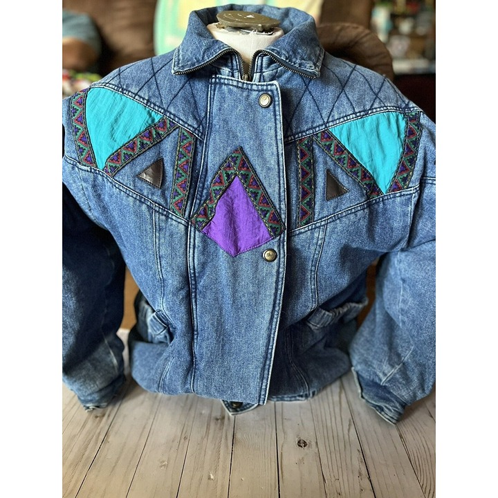 Vintage Rainbow West Colorful Patchwork Bomber Jacket Retro Purple Blue Small