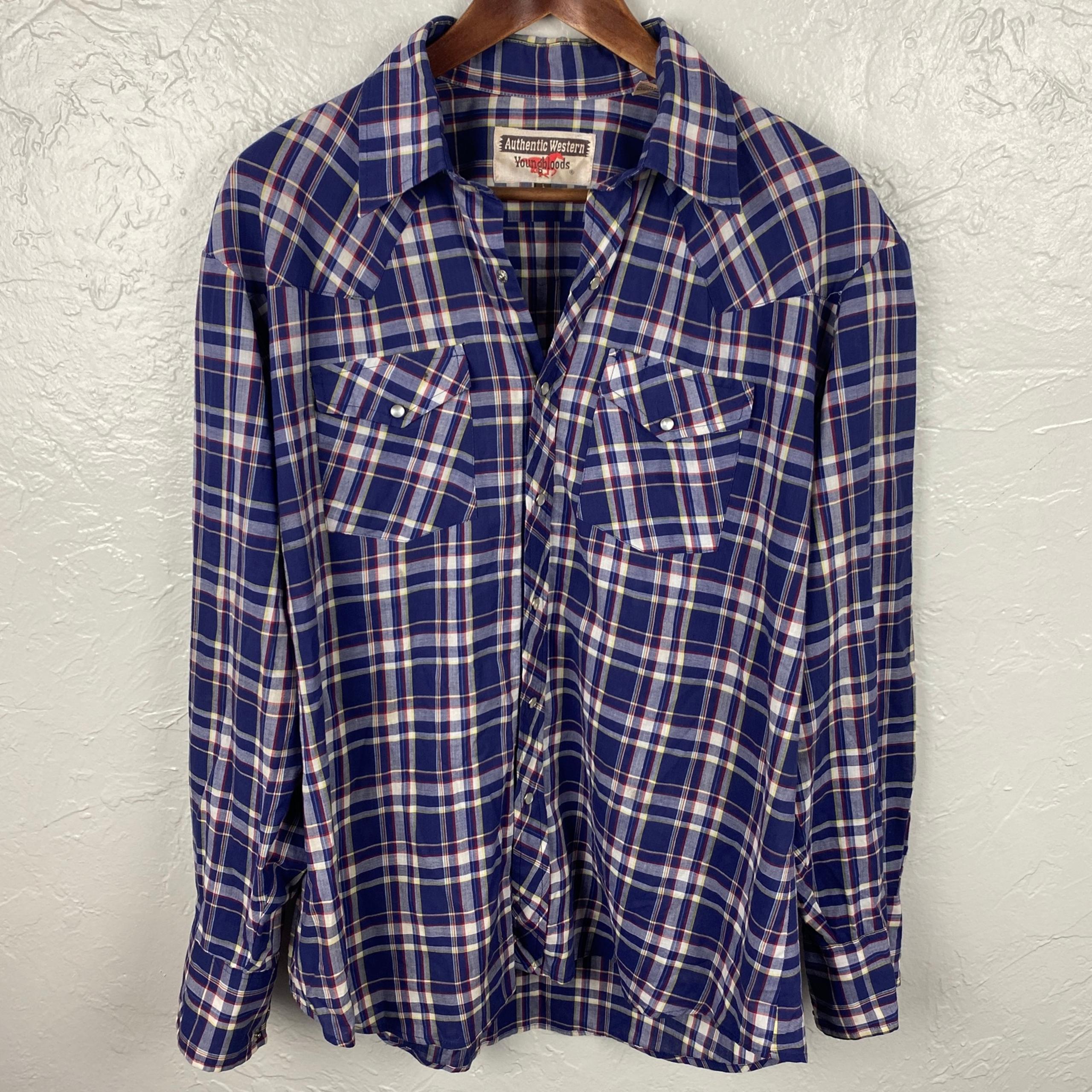 Men’s Vintage Authentic Western YOUNGBLOODS Shirt blue Plaid Cowboy Pearl Snap L