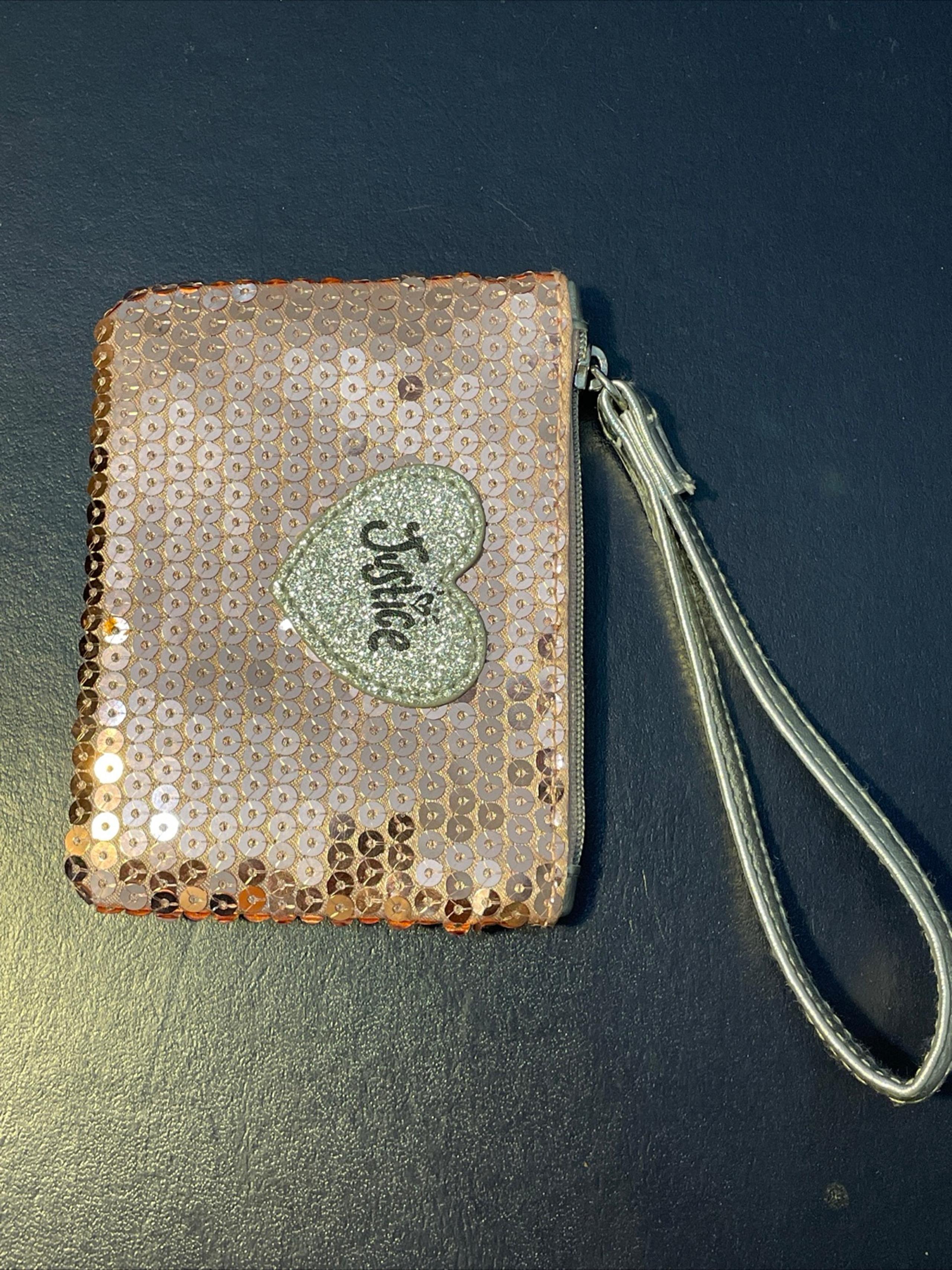Justice Girl's Rose Gold Sequin Zipper Wrist Wallet Coin Purse Handle 4.5”x3.5”