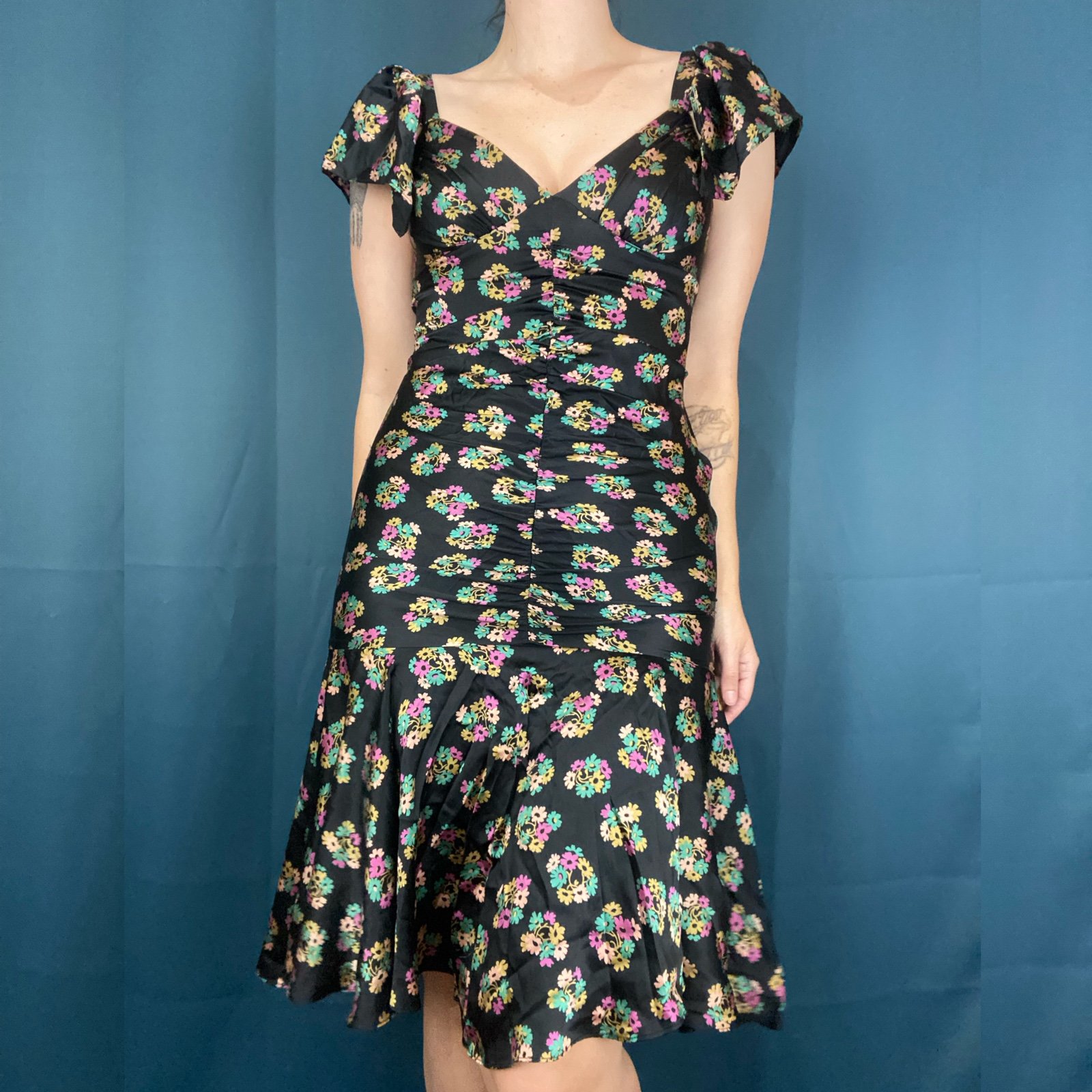 Vintage 90s Betsey Johnson Ruched Floral Midi Dress