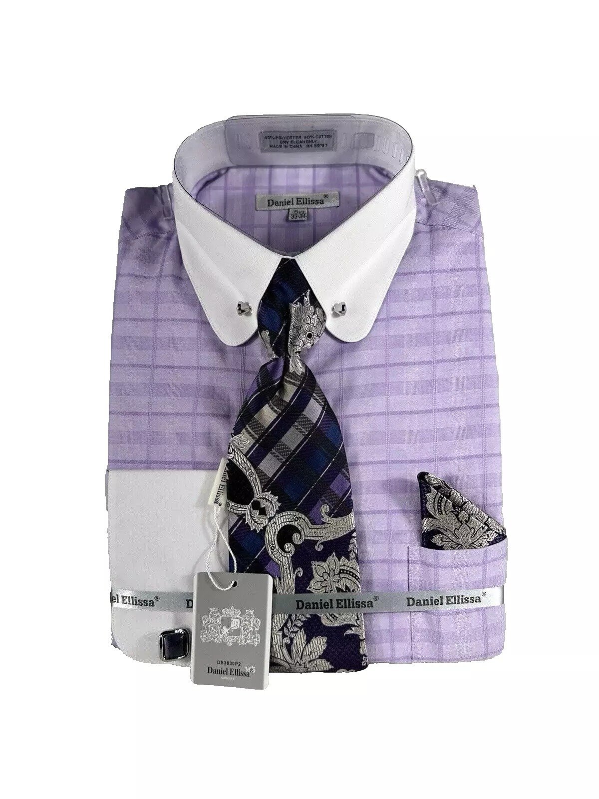 Daniel Ellissa Men's Lilac Dress Shirt Tie Hanky Set Collar Bar Size 19.5 36/37