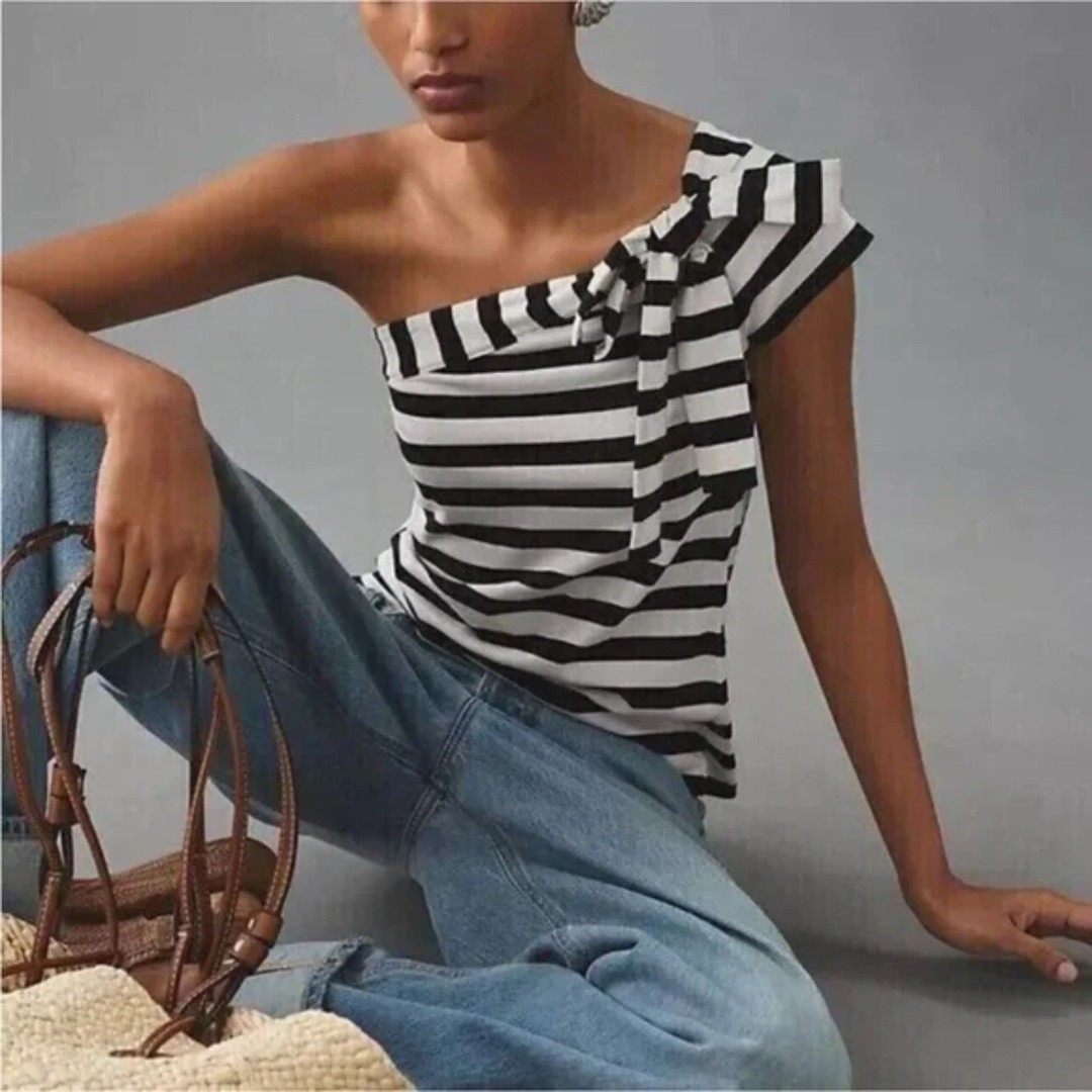 Anthropologie Maeve One-Shoulder Striped Bow Top SZ M NEW