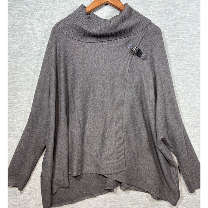 Calvin Klein Gray Knit Poncho Wrap Turtleneck Sweater Buckle Detail L/XL