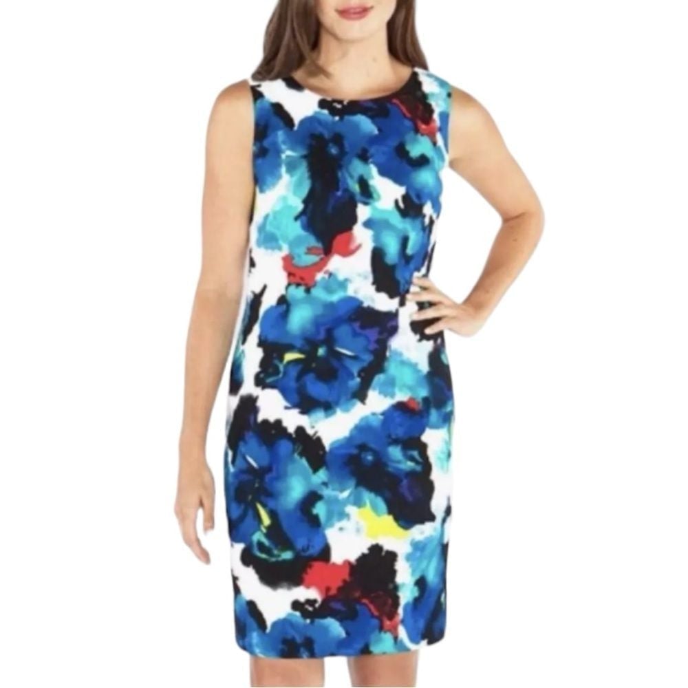 Mario Serrani Italian Abstract Watercolor Print Boatneck Sheath Dress Size 10