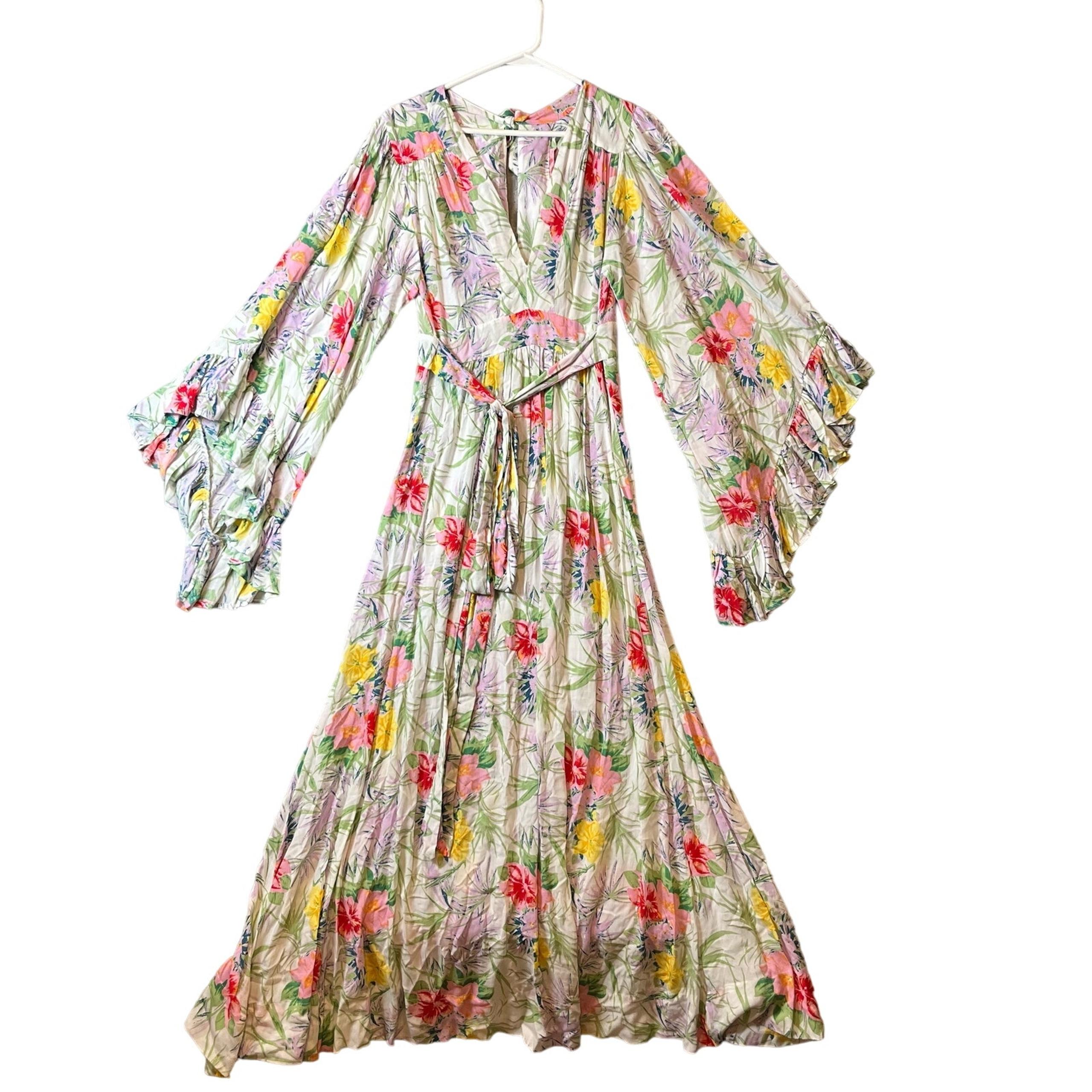 Indah White Tropical Maxi Wide Sleeve Long Dress Size Small Summer Resort Wear