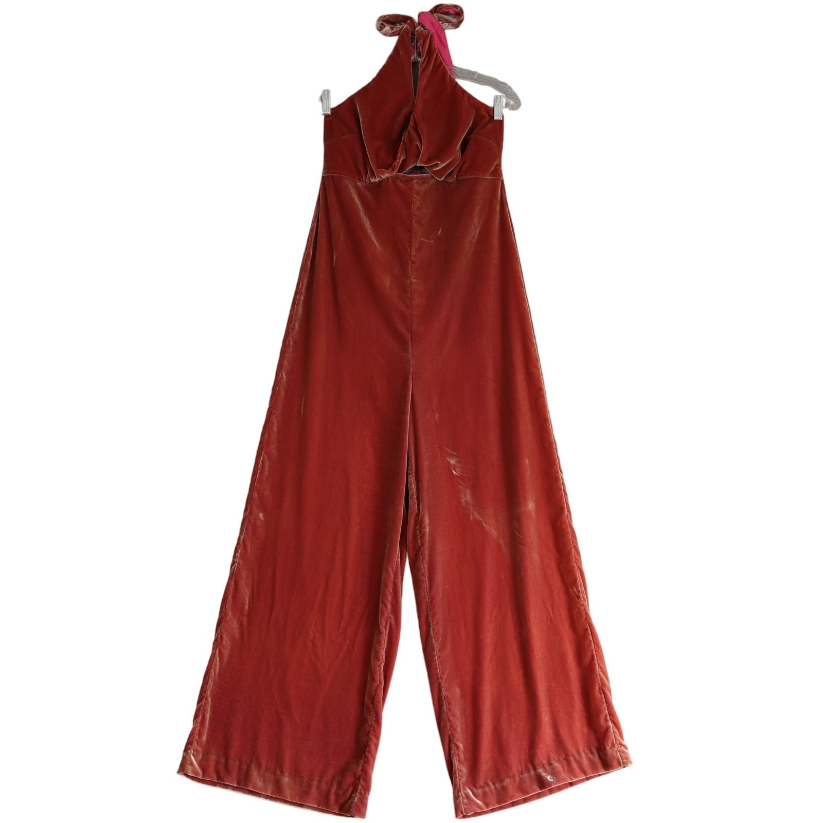 By Anthropologie Velvet Wide Leg Jumpsuit Womens Size 6 Pink Halter Neck Crushed