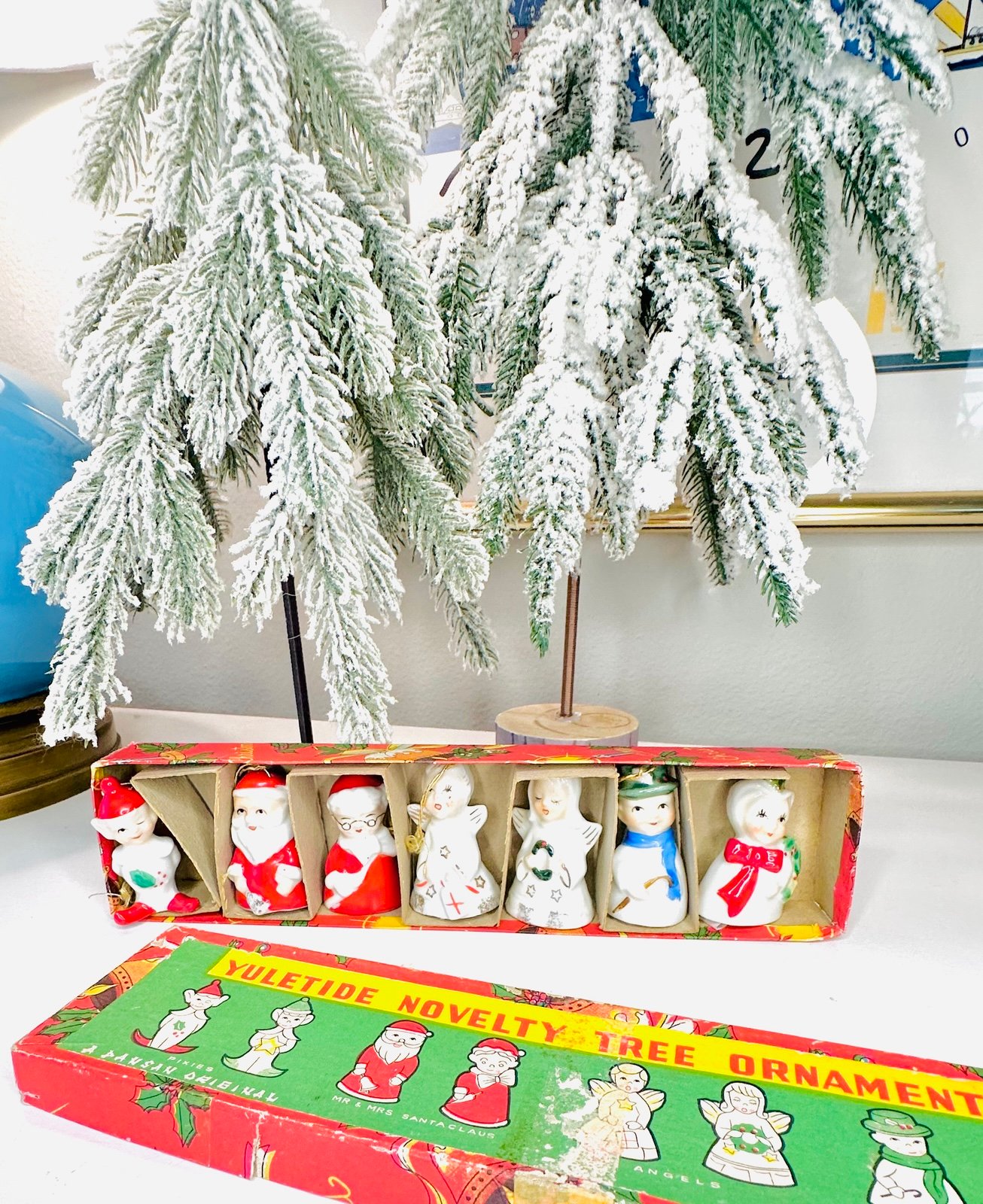 RARE Yuletide Novelty Ceramic Bell Ornaments in Original Box. Missing One Elf