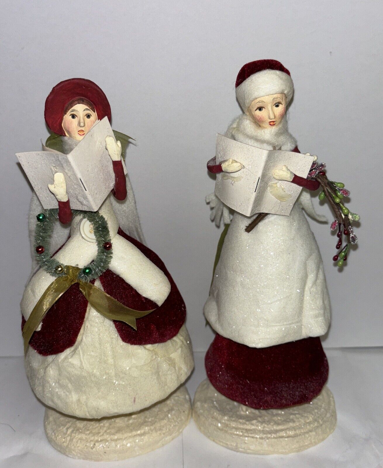 2 Vintage Christmas Carolers Women Fabric Mache Midwest Cannon Falls 10.5