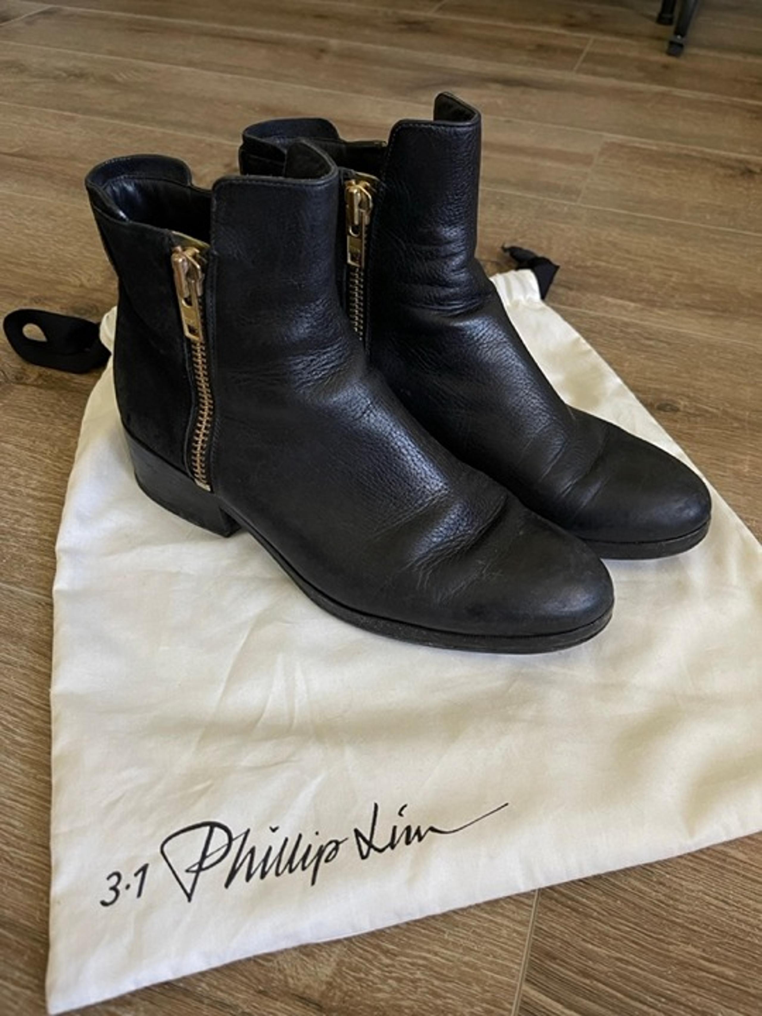 3.1 Phillip Lim Alexa Ankle Boots, Black Leather and Suede with Gold Hardware