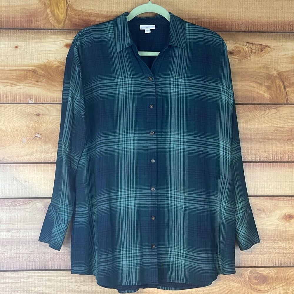J Jill Womens Soft Lightweight Flannel Tunic Top Small Long Sleeve Button Plaid