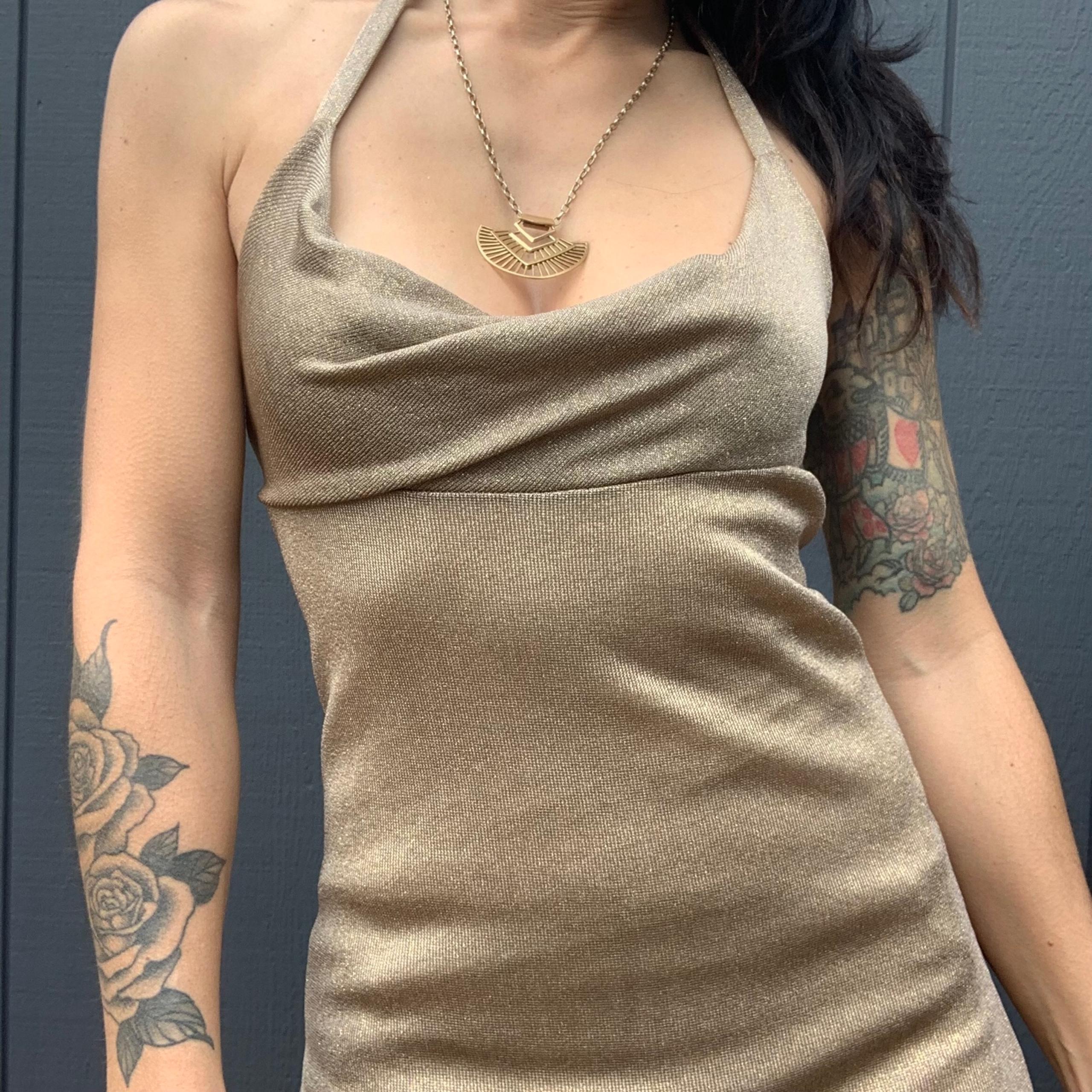 Y2K Rebecca Beeson gold halter dress Sz 2
