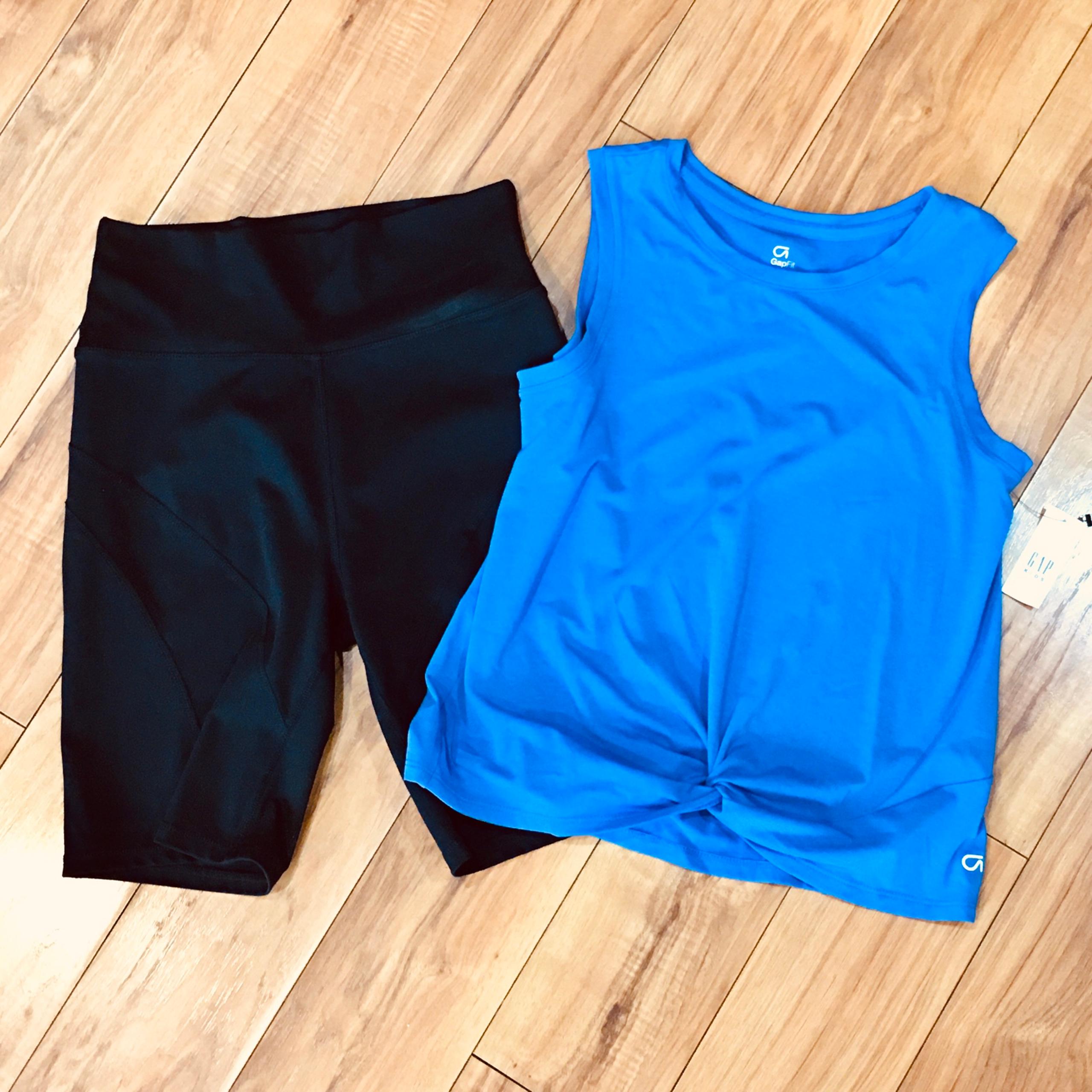 Fitness black bike shorts and royal blue Gap shirt tank muscle tee top outfit -