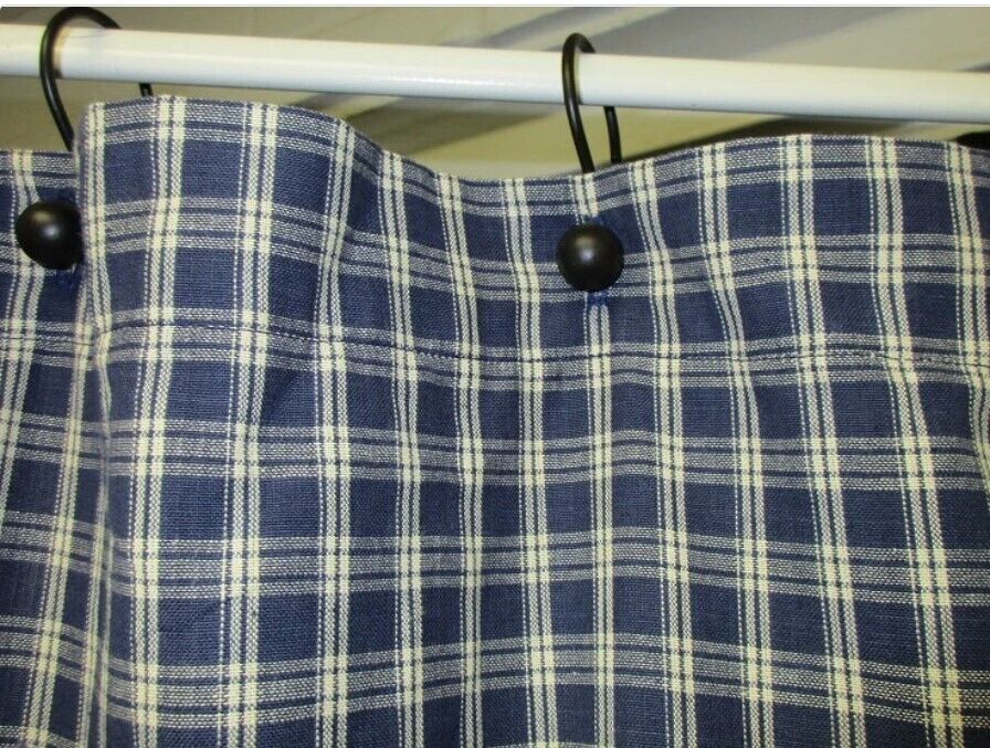 Country Primitive Navy Blue Plaid Homespun Shower Curtain Handmade Bath Decor